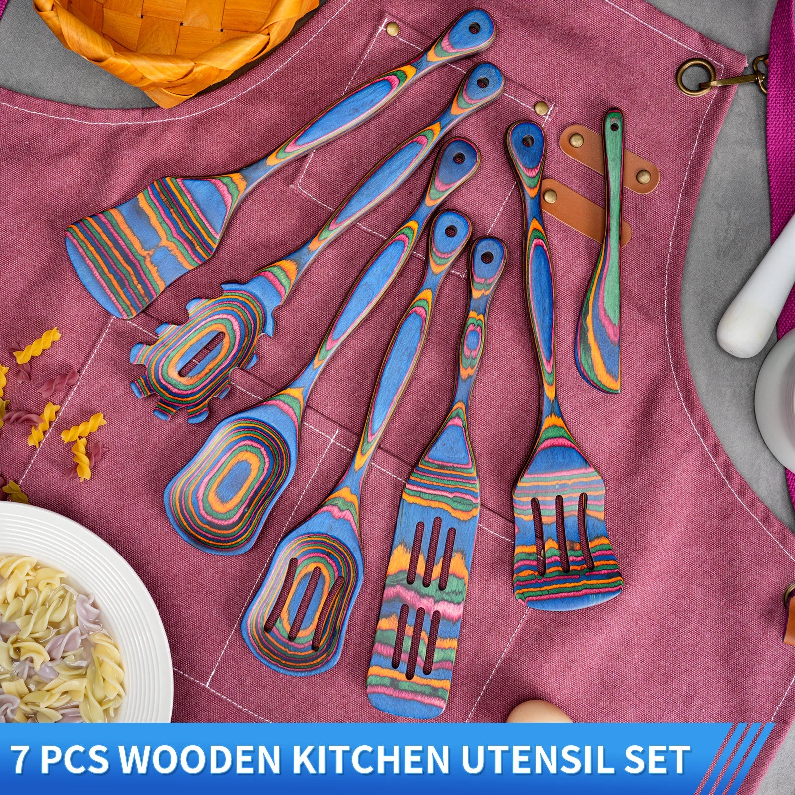 7Pcs Blue Wooden Cooking Utensils