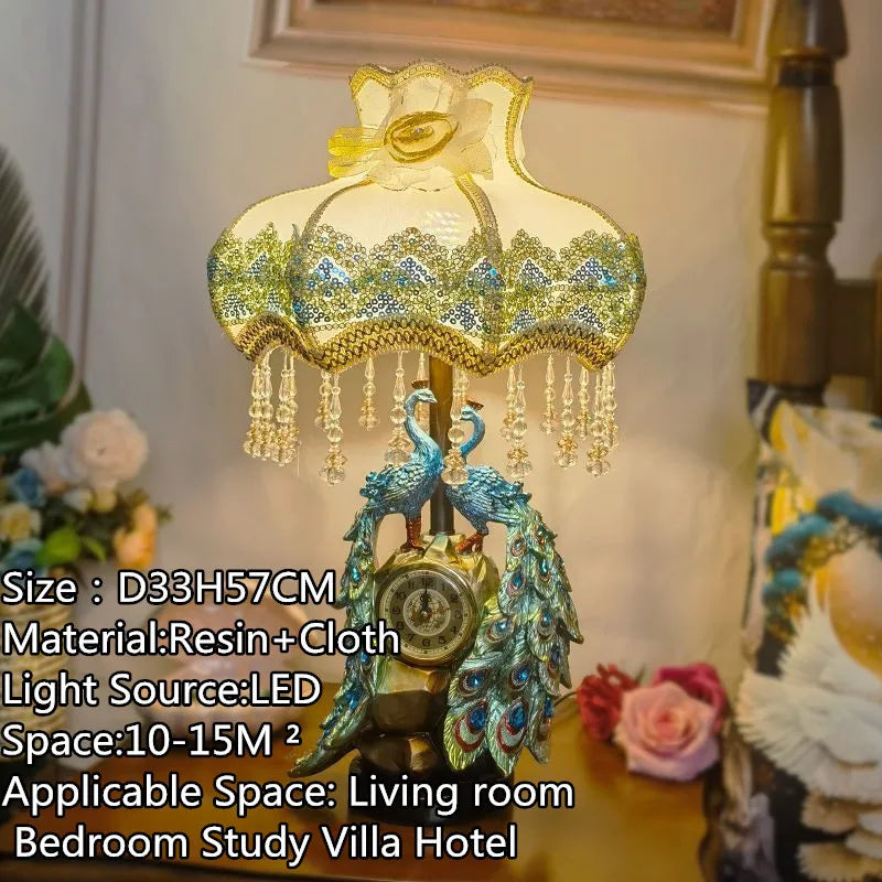 European Clock Peacock Lamp