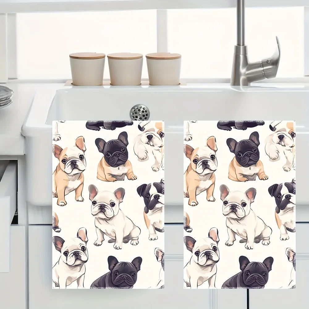 2pcs French Bulldog Print Kitchen Towels