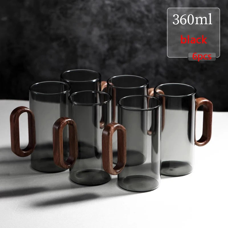 2/4/6pcs Glass Mug With Wooden Handle