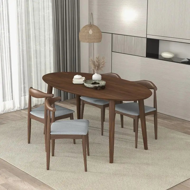 Modern Walnut Oval Table, 4 Chairs