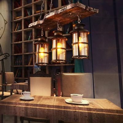3 Light / Wooden Hanging Lighting / Glass Shade