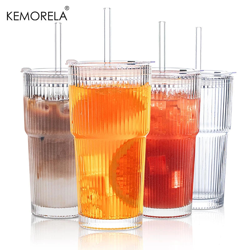 20 oz Ribbed Glass Tumblers/ Lids/Straws