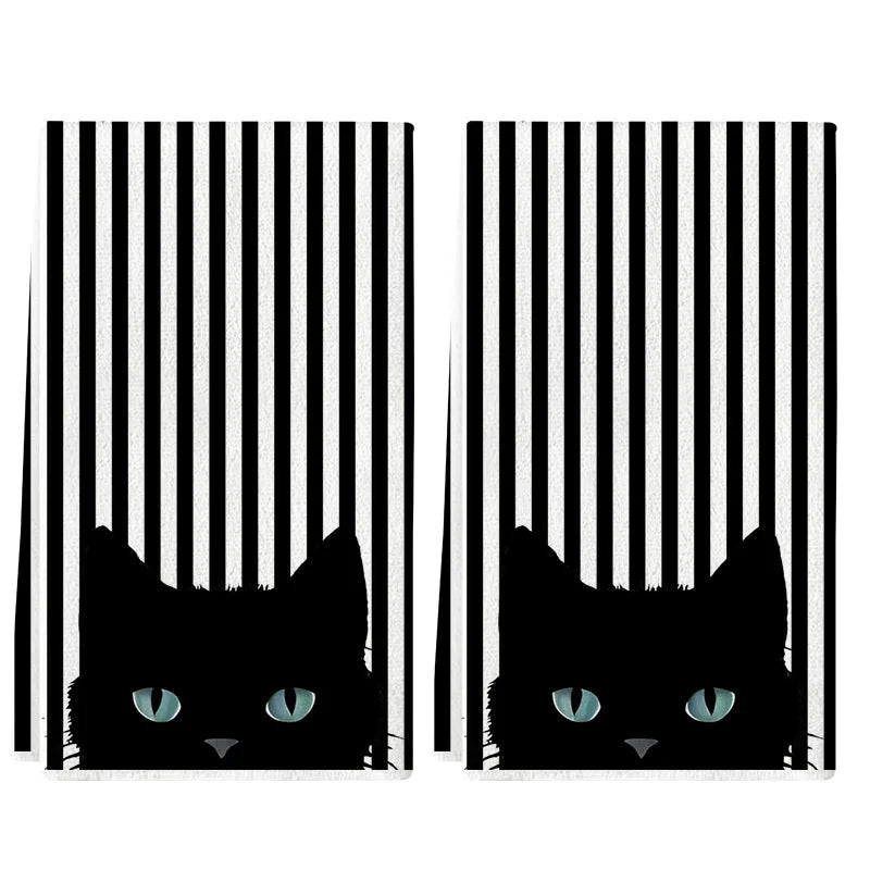 2Pcs Striped Blue-Eyed Black Cat Towels