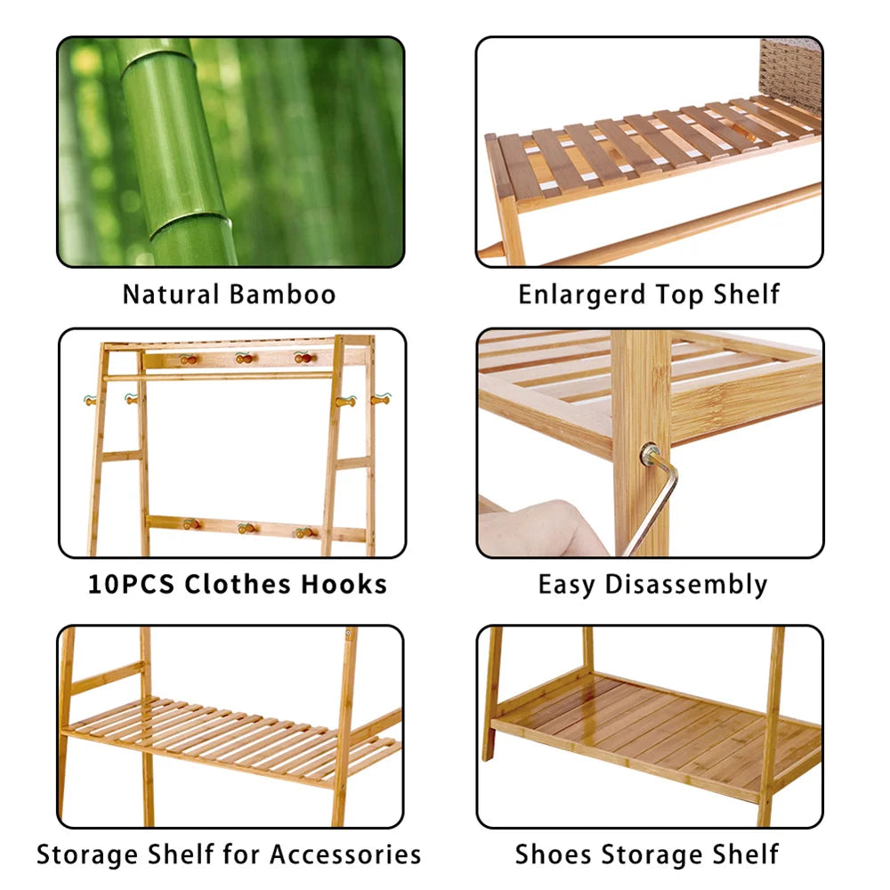 Bamboo Clothes Rail Rack with Top Shelf