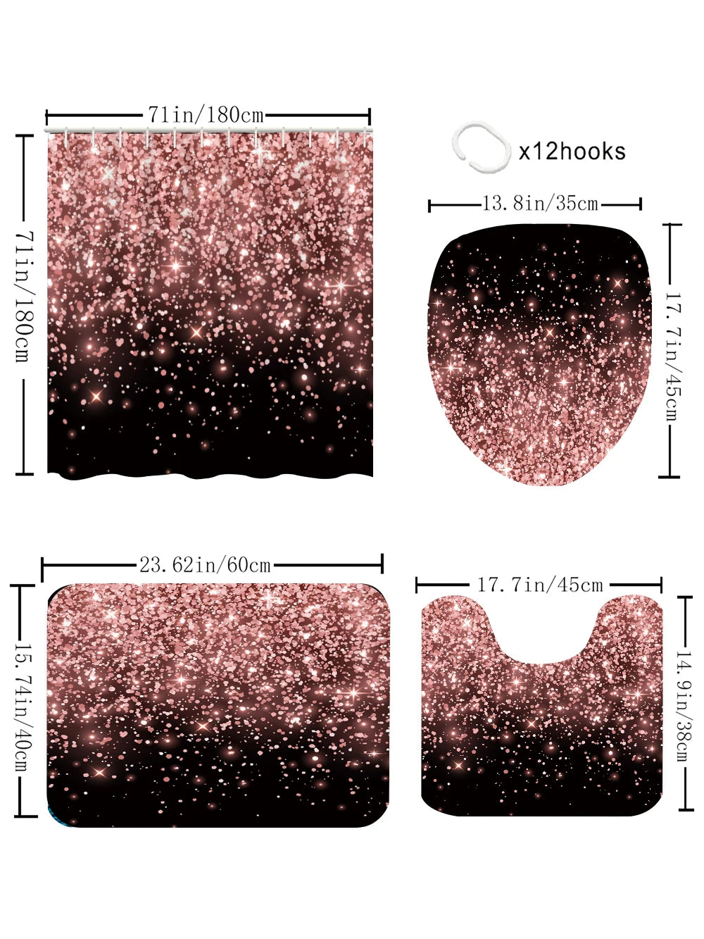 4pc black and pink shower curtain