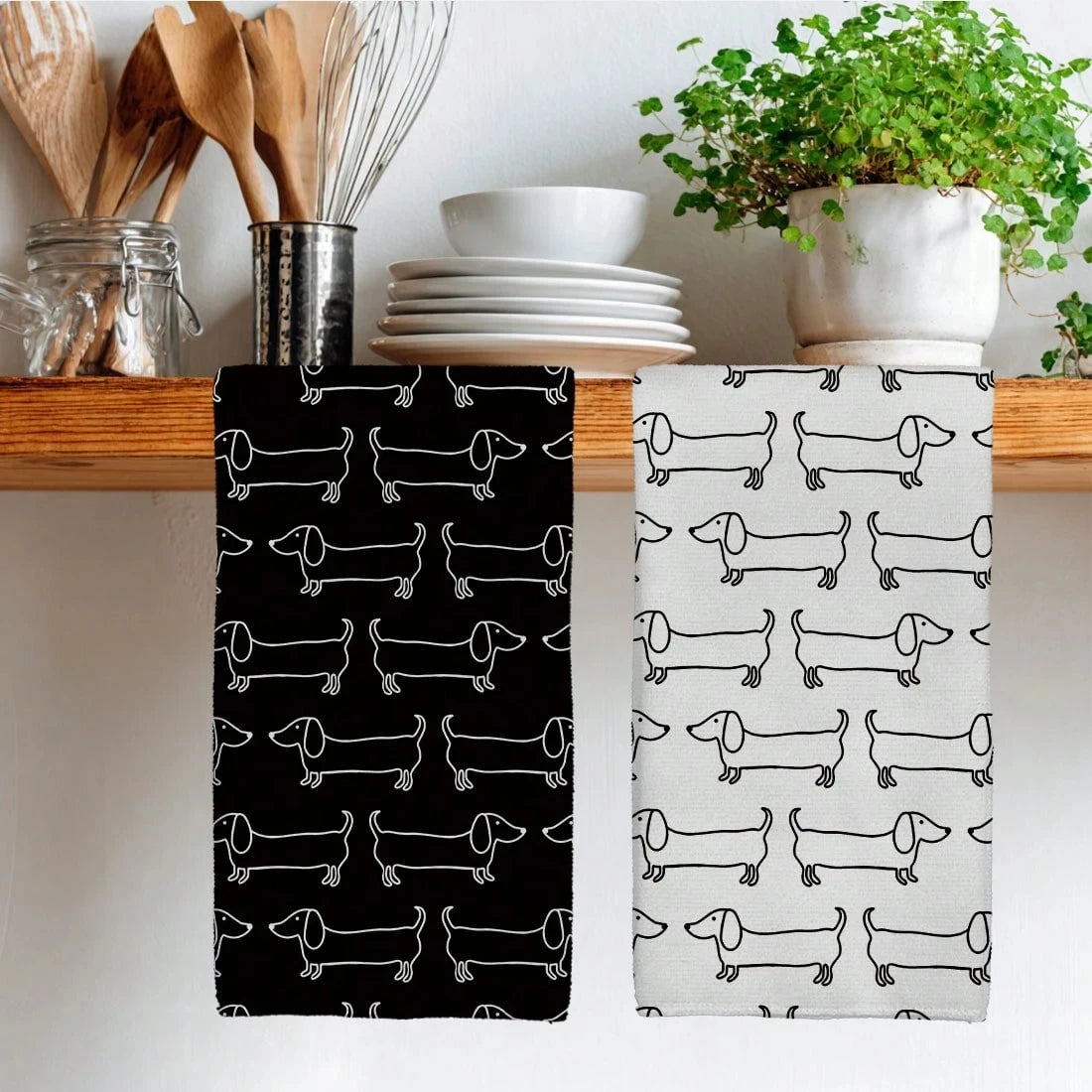 2pcs Black & White Dachshund Kitchen Towels