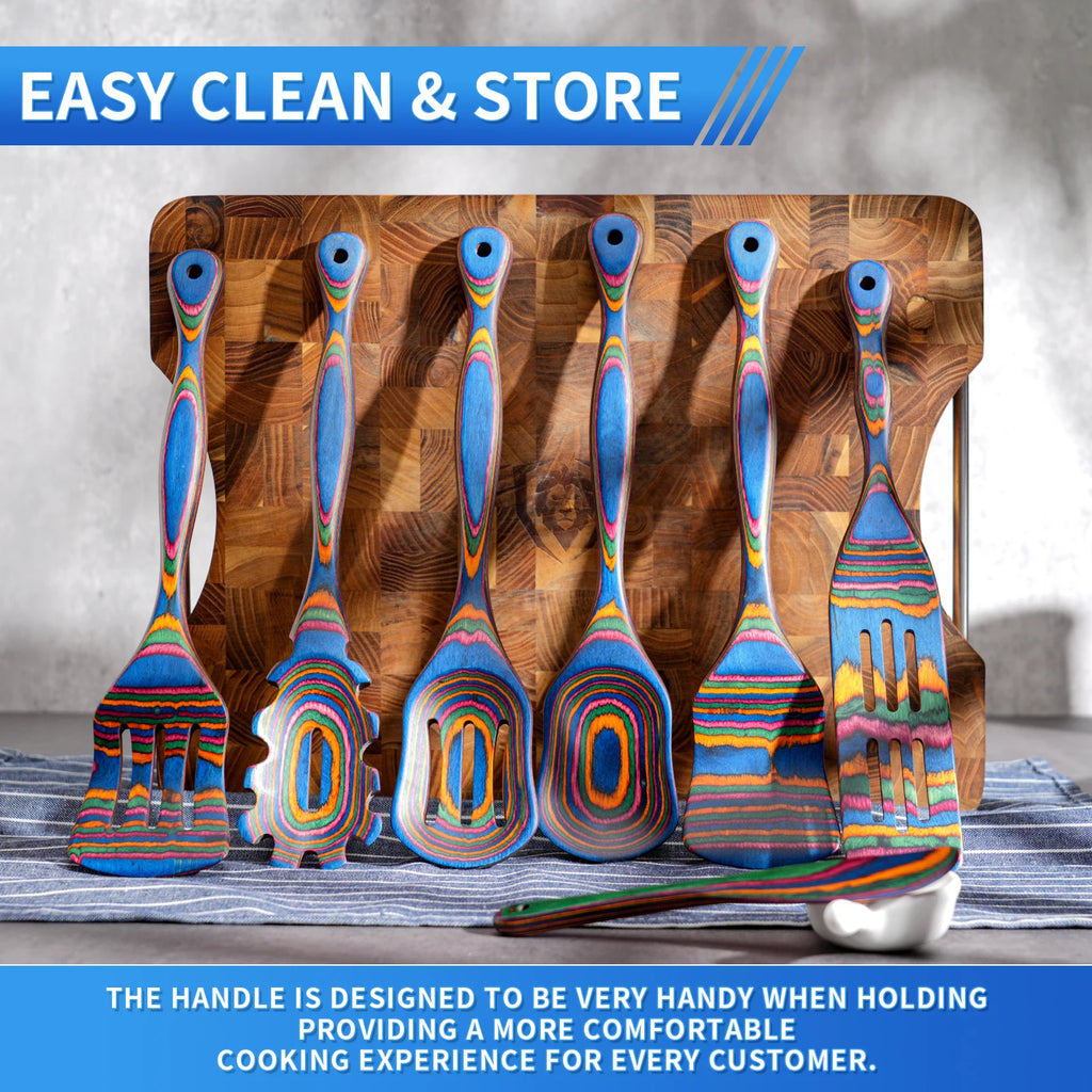 7Pcs Blue Wooden Cooking Utensils
