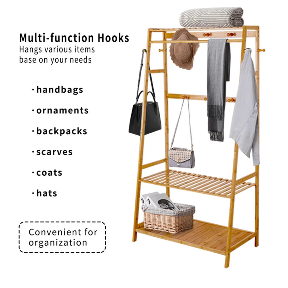 Bamboo Clothes Rail Rack with Top Shelf