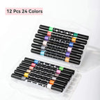 Dual Brush Glitter Markers set featuring 12 pieces in 24 vibrant colors for creative projects.
