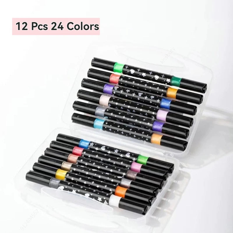 Dual Brush Glitter Markers set featuring 12 pieces in 24 vibrant colors for creative projects.