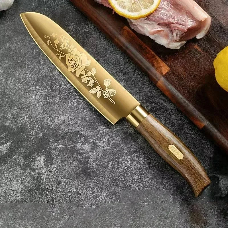 Gold Rose Pattern Kitchen Knife