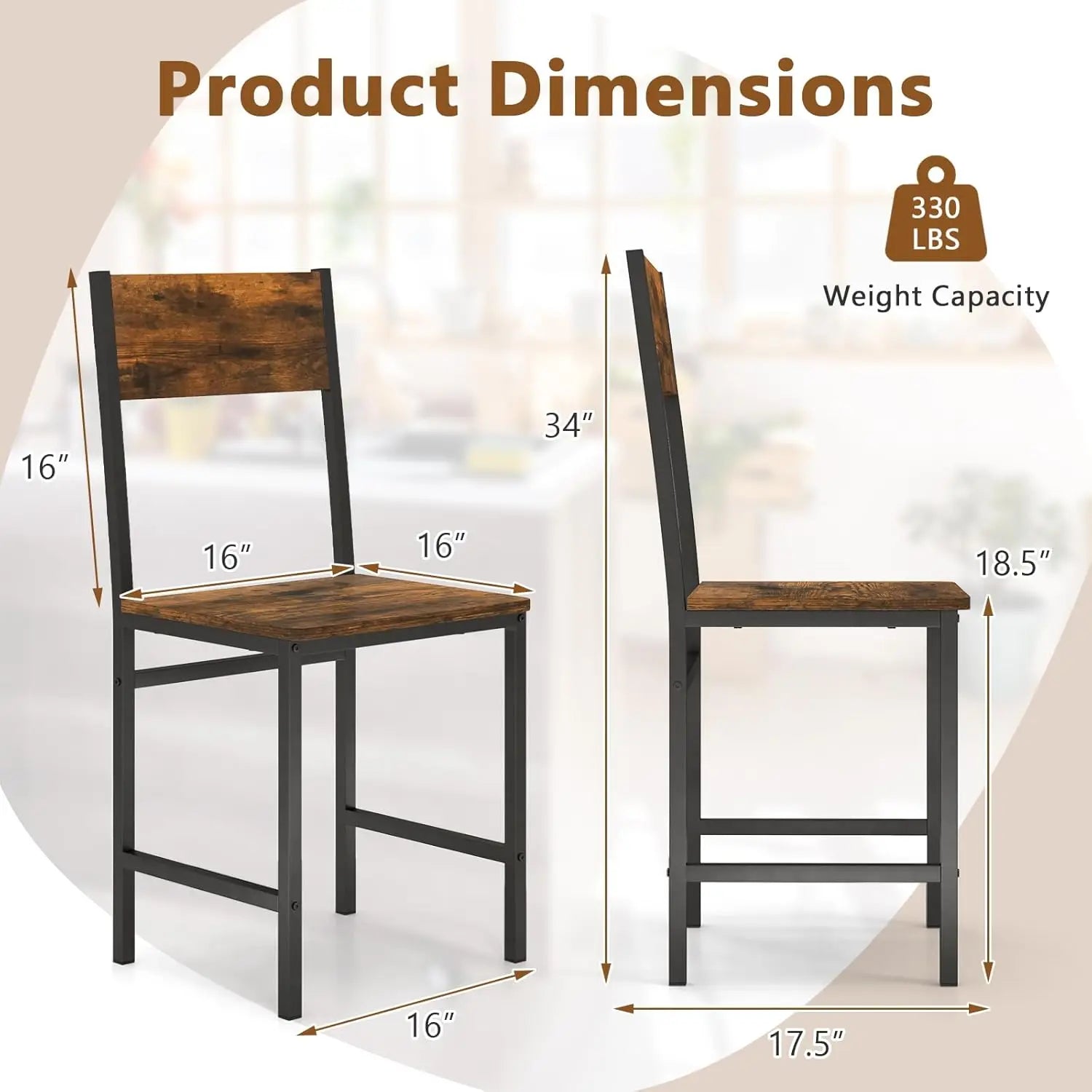Dining Chairs Set of 4, Industrial Kitchen Chairs with Metal Legs, Slanted Back, Rustic Wood Grain, Armless Side, Customized