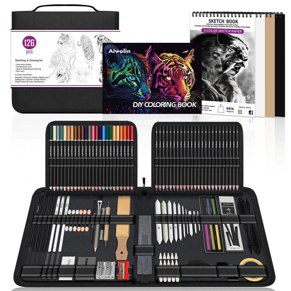 14/26/64/126 PCS Sketching Set, 3-Color Sketchbook, Blending Tools