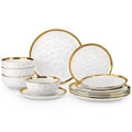 12/24 Pc Ceramic White / Golden Rim Set
