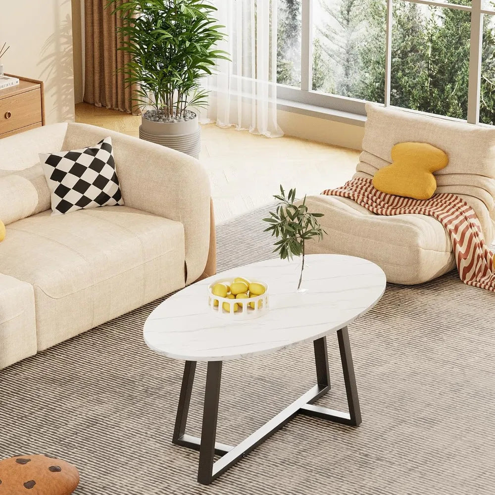 Oval Table, Marble Top, Black Metal Legs