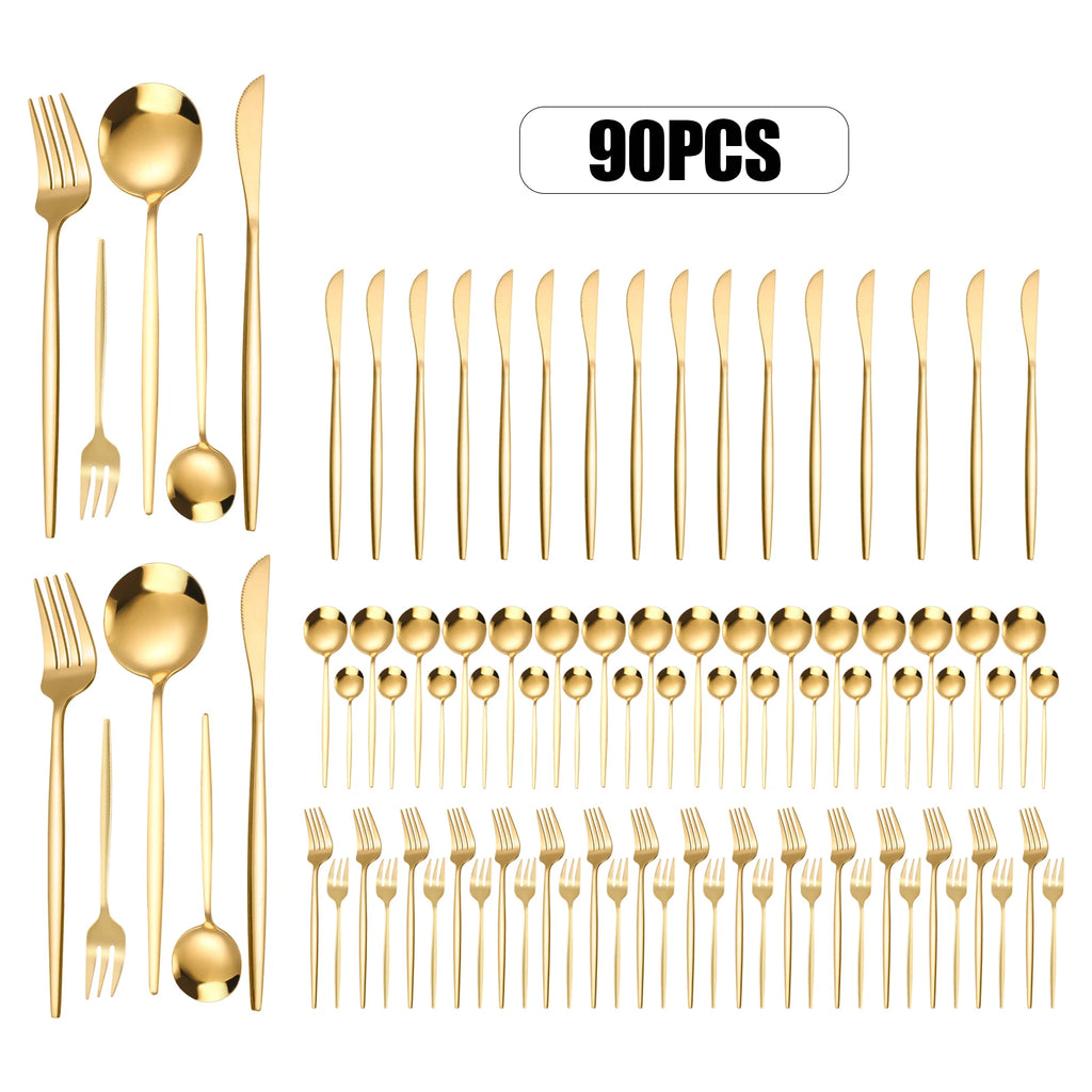 90Pcs Gold , Stainless Steel Tableware Set