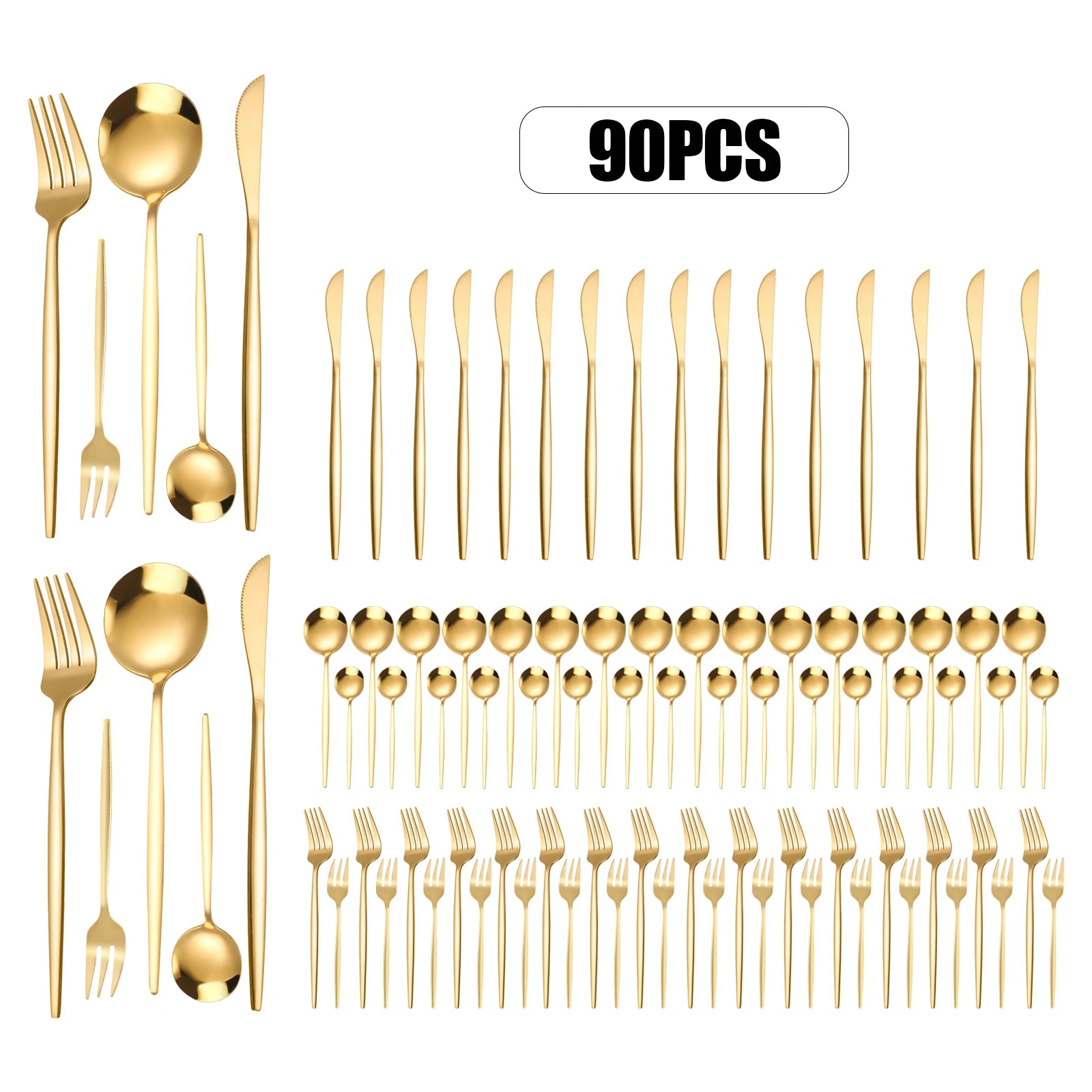 90Pcs Gold , Stainless Steel Tableware Set
