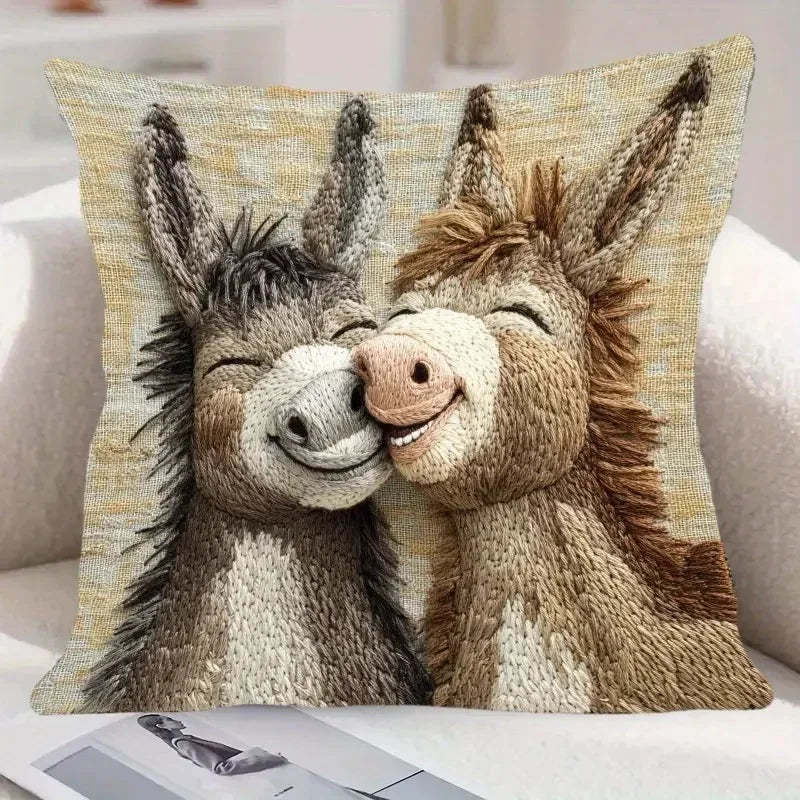 Donkey-Patterned Burlap Pillowcase