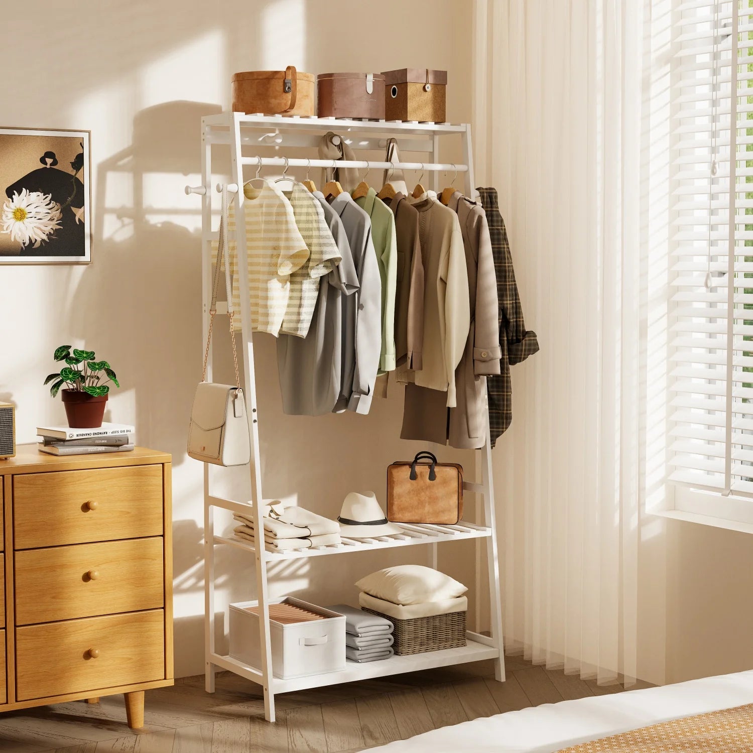 Bamboo Clothes Rail Rack with Top Shelf