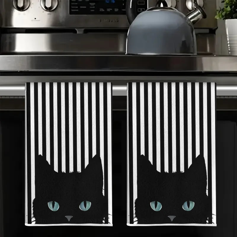 2Pcs Striped Blue-Eyed Black Cat Towels