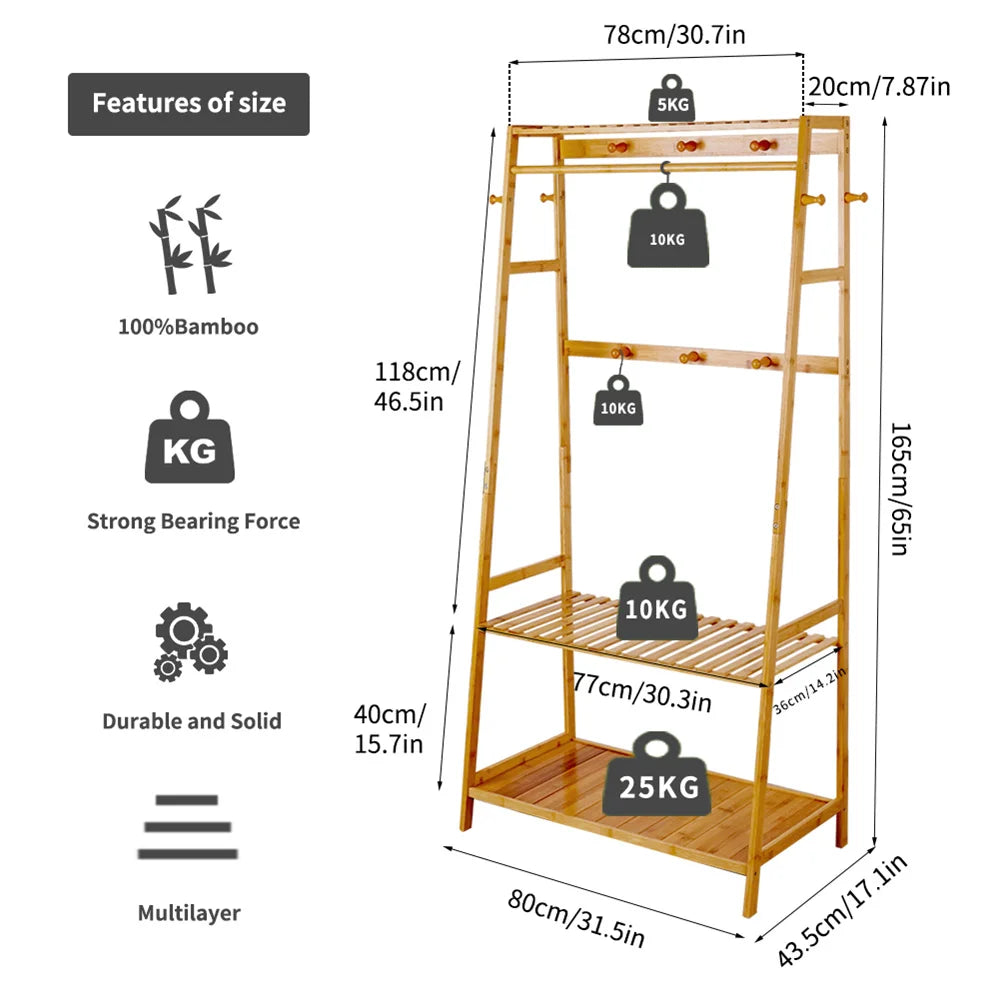 Bamboo Clothes Rail Rack with Top Shelf
