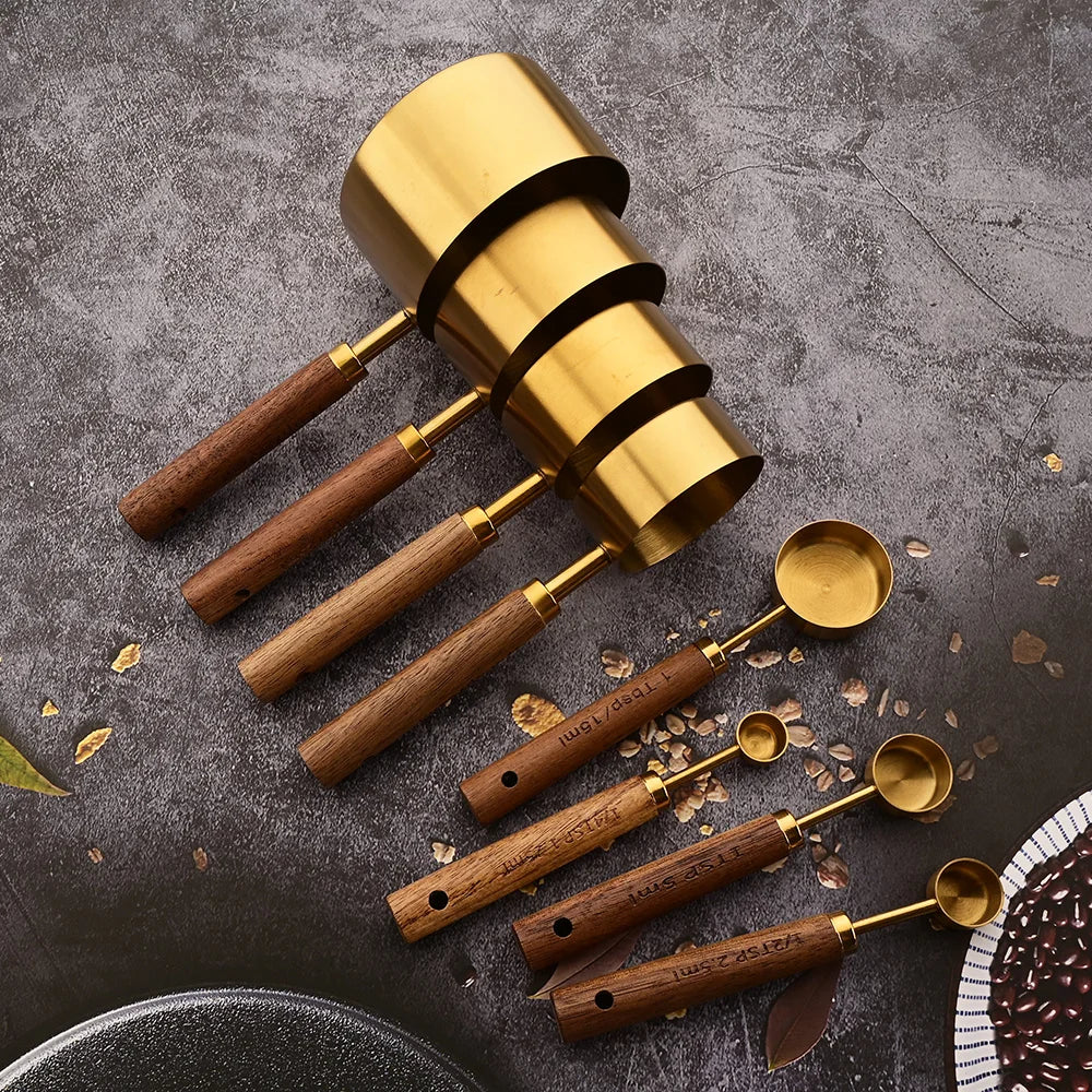 Gold Wooden Handle Measuring Cups, Spoons