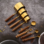 Gold Wooden Handle Measuring Cups, Spoons