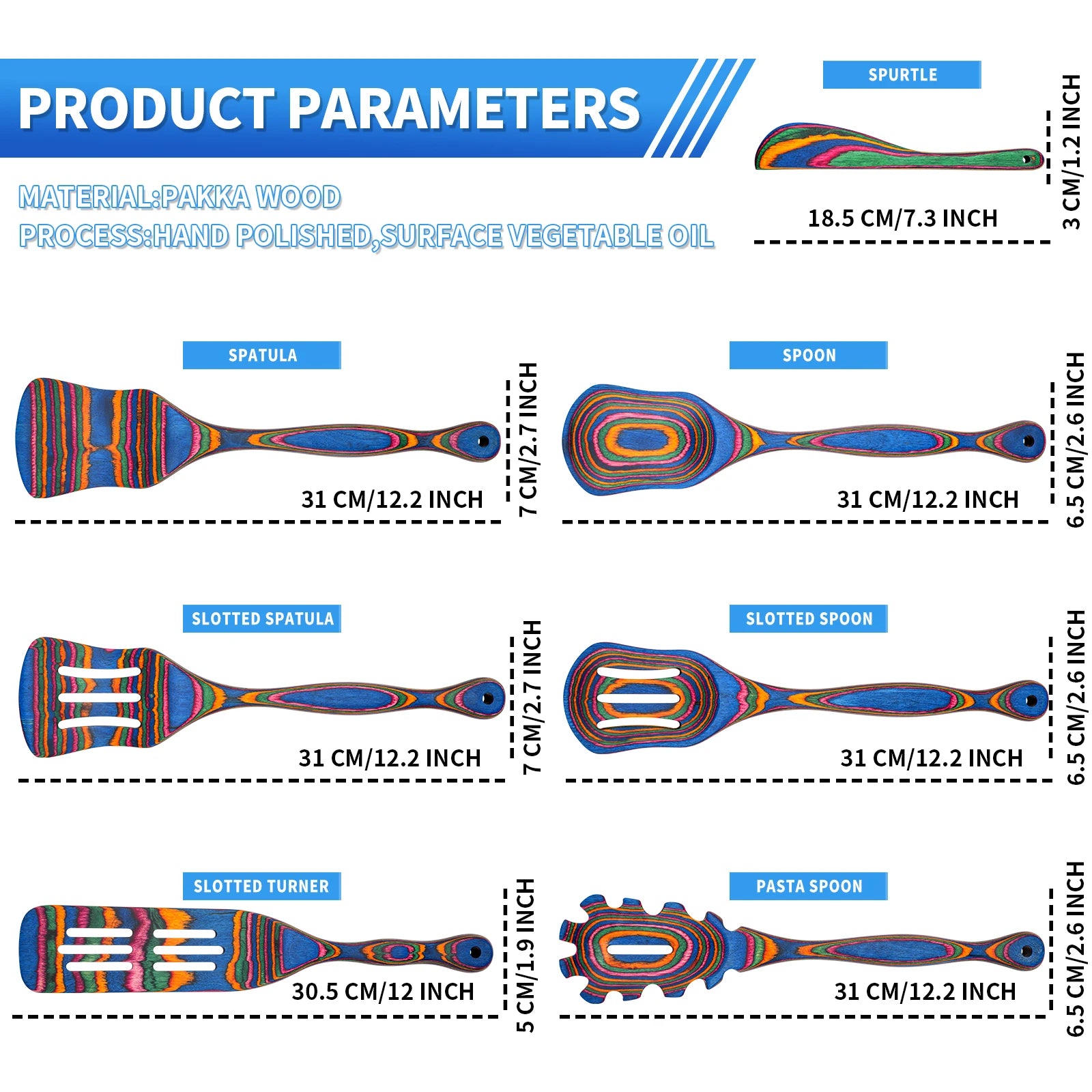 7Pcs Blue Wooden Cooking Utensils