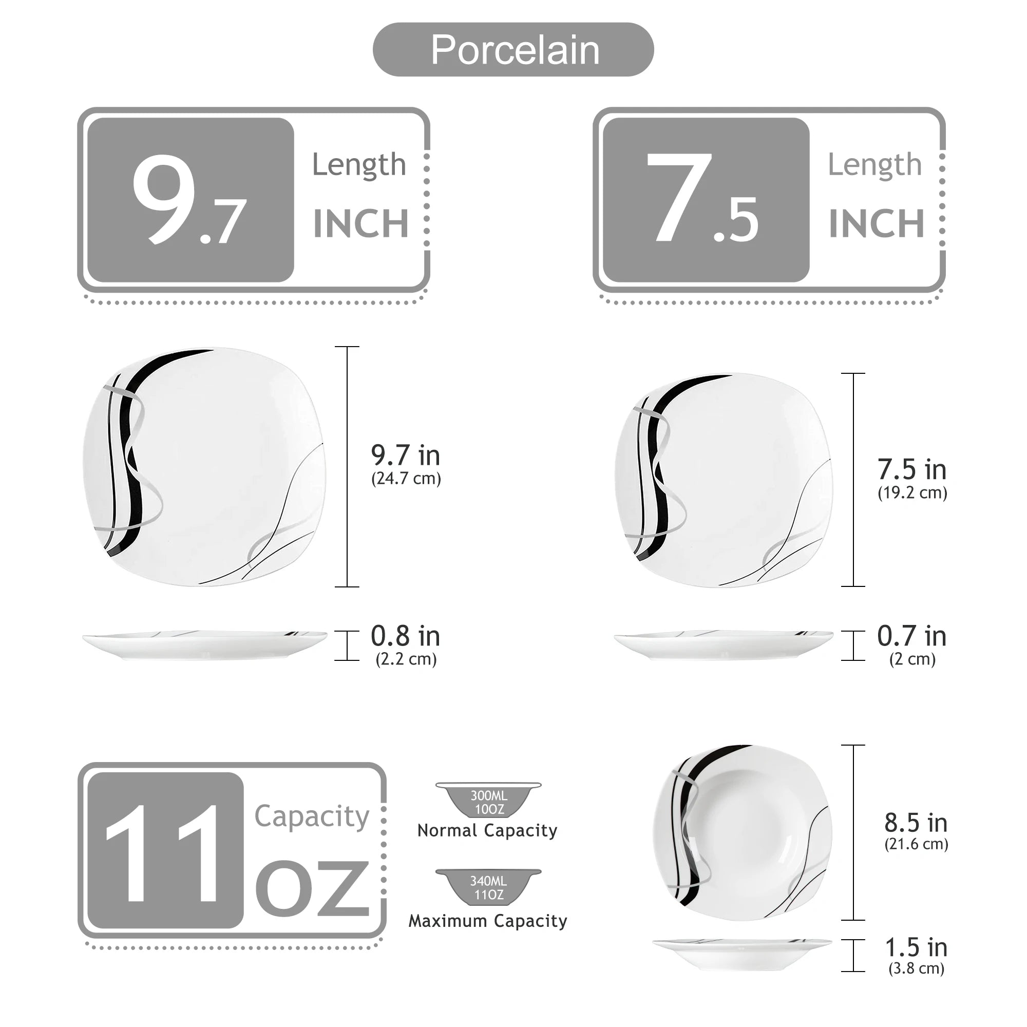 18/36-Pc. Porcelain Ceramic Black Line Plate Set