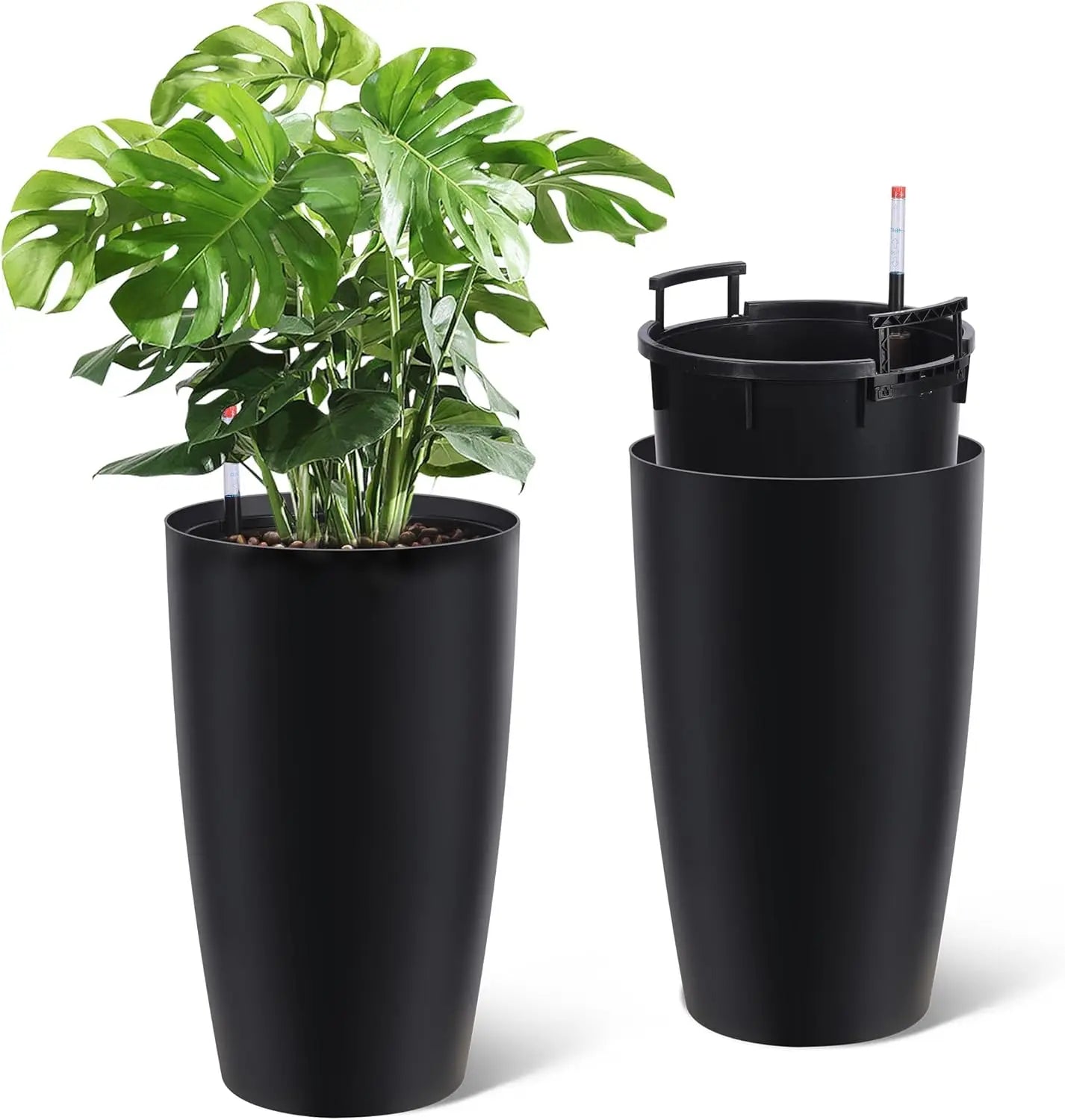 2 Black Self-Watering Planters – 21.7”