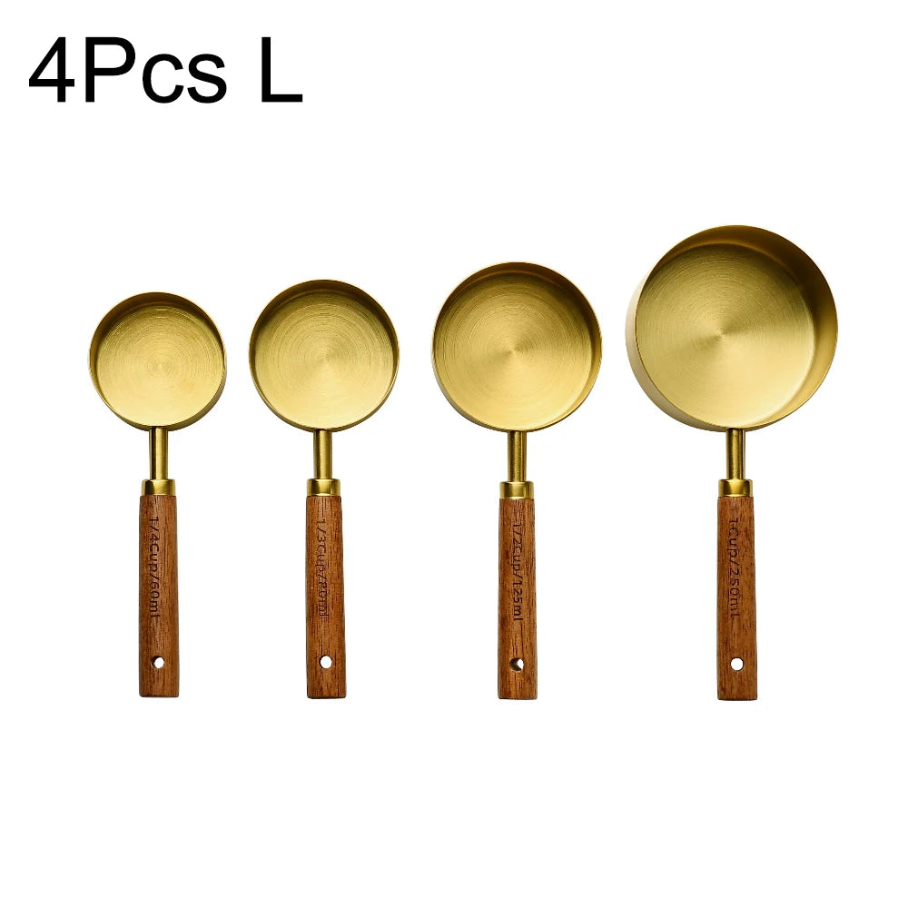 Gold Wooden Handle Measuring Cups, Spoons