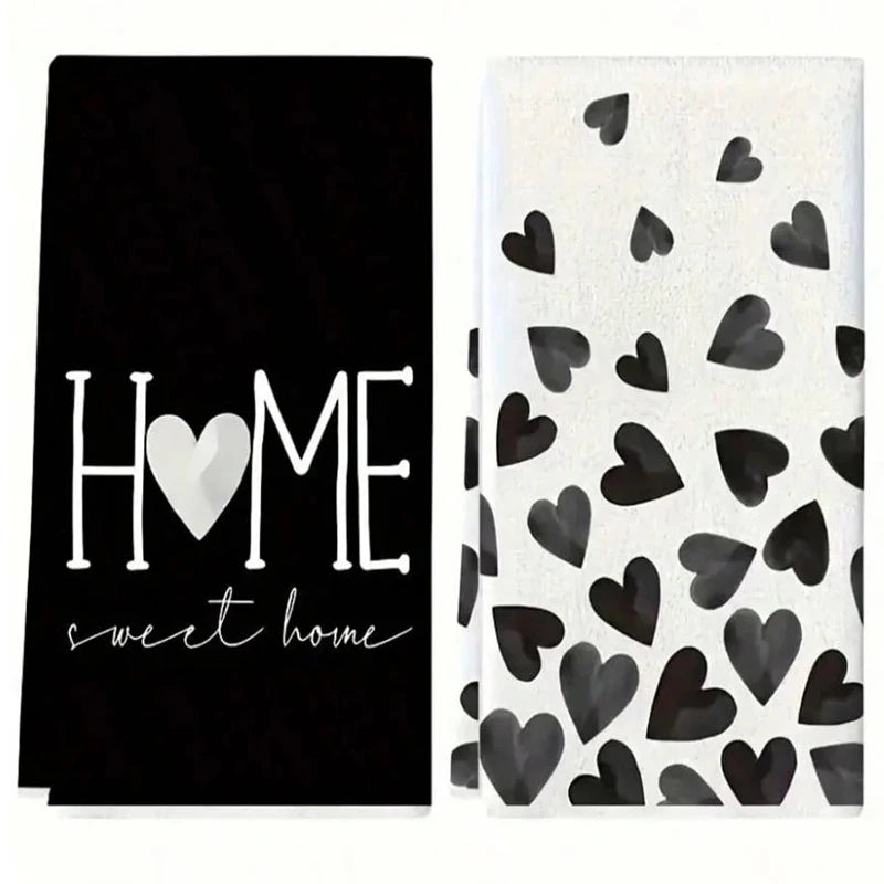 2Pcs Black Heart-Shaped Kitchen Towels