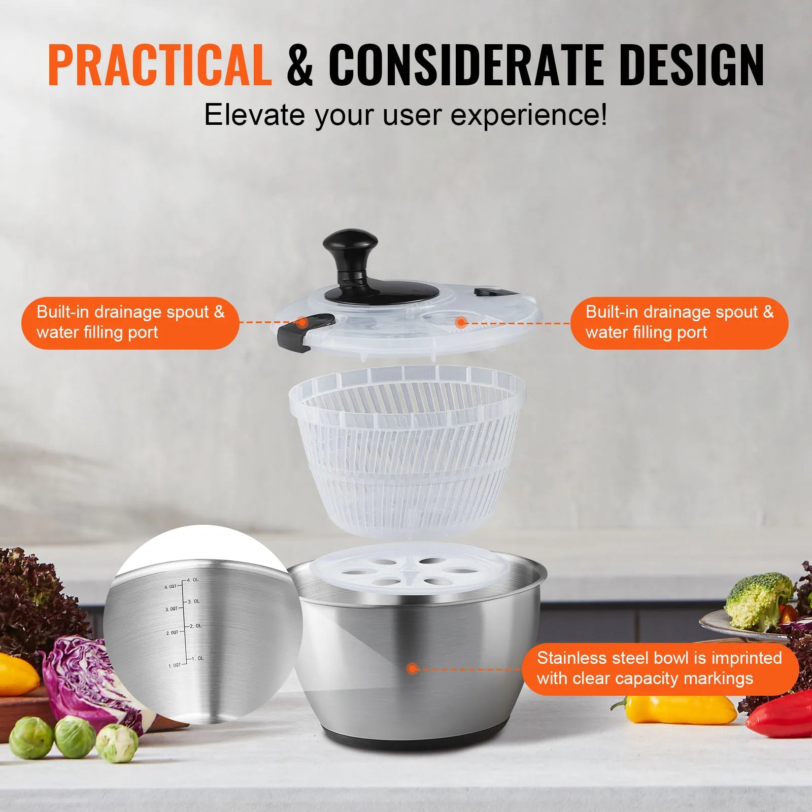 Stainless Steel Salad Spinner 4.75Qt