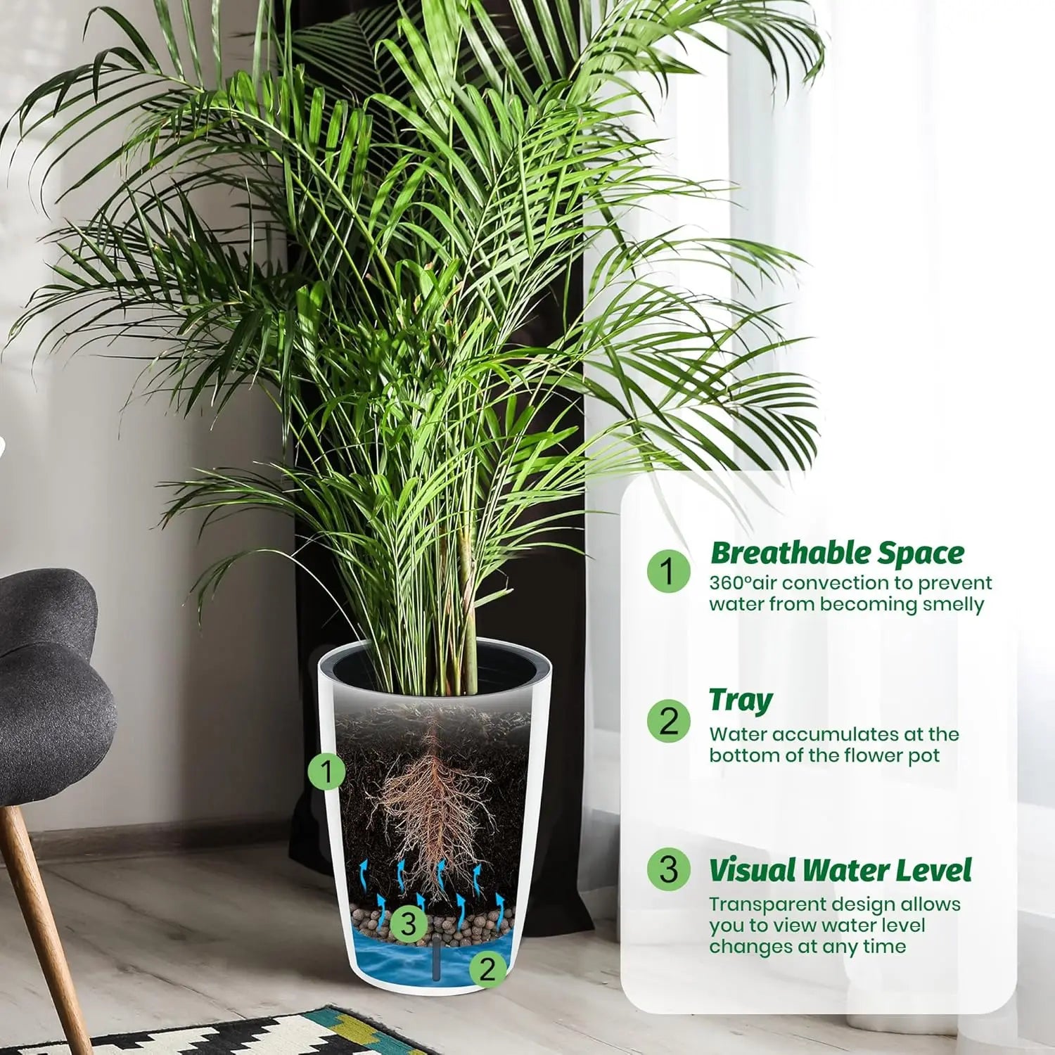 2 Black Self-Watering Planters – 21.7”