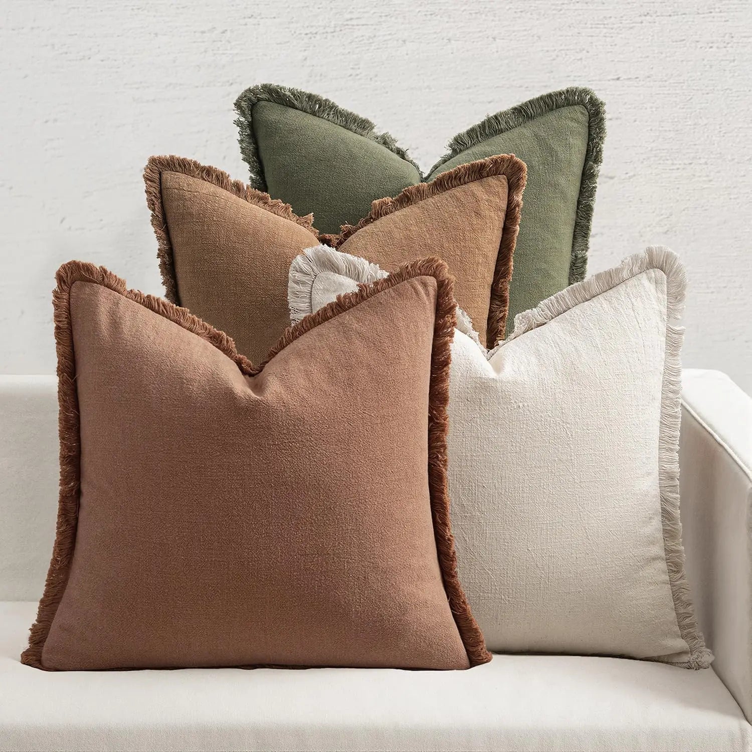4 Neutral Linen Fringe Throw Pillows