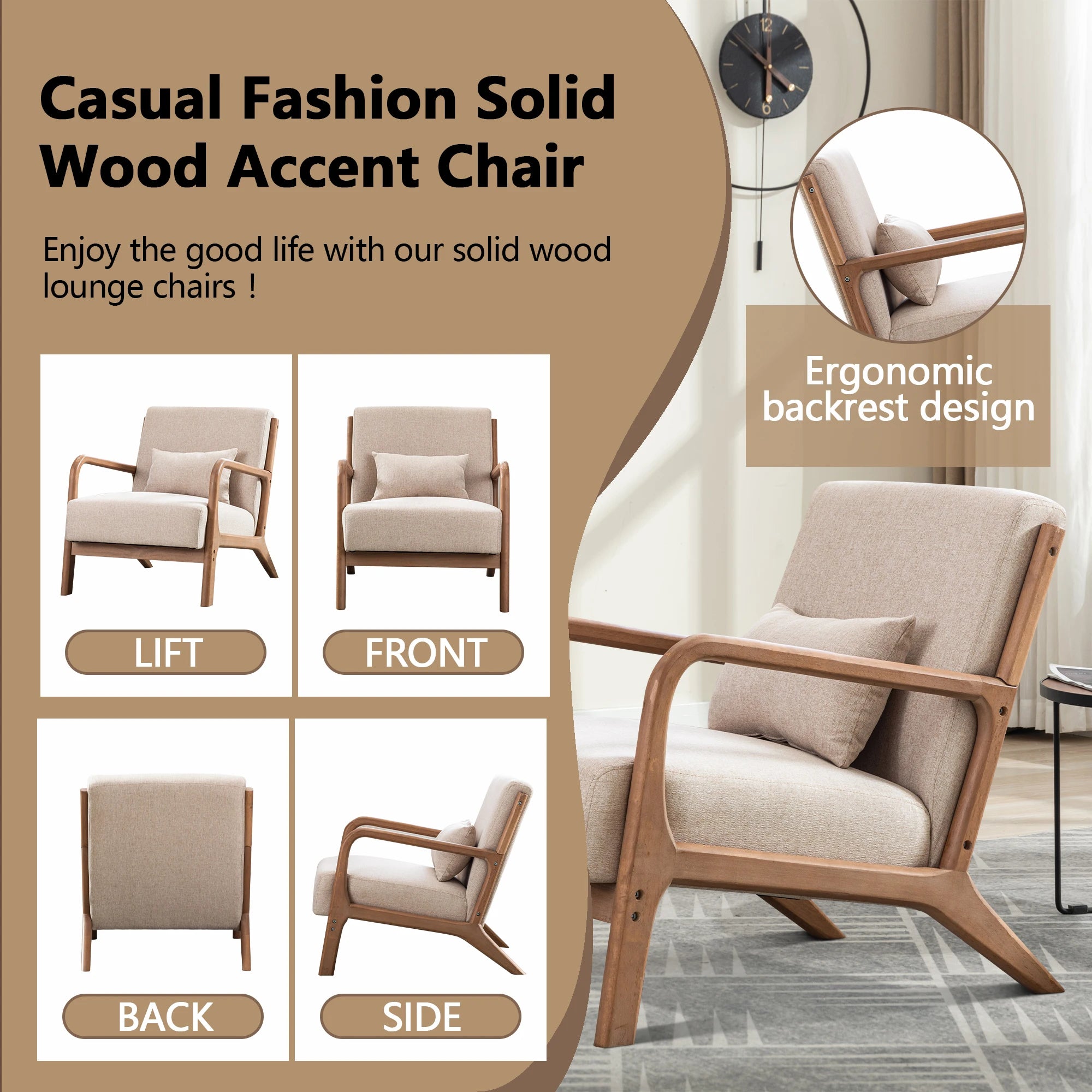 29*33*26 Inch  Wood Chair 105° Backrest Pillow