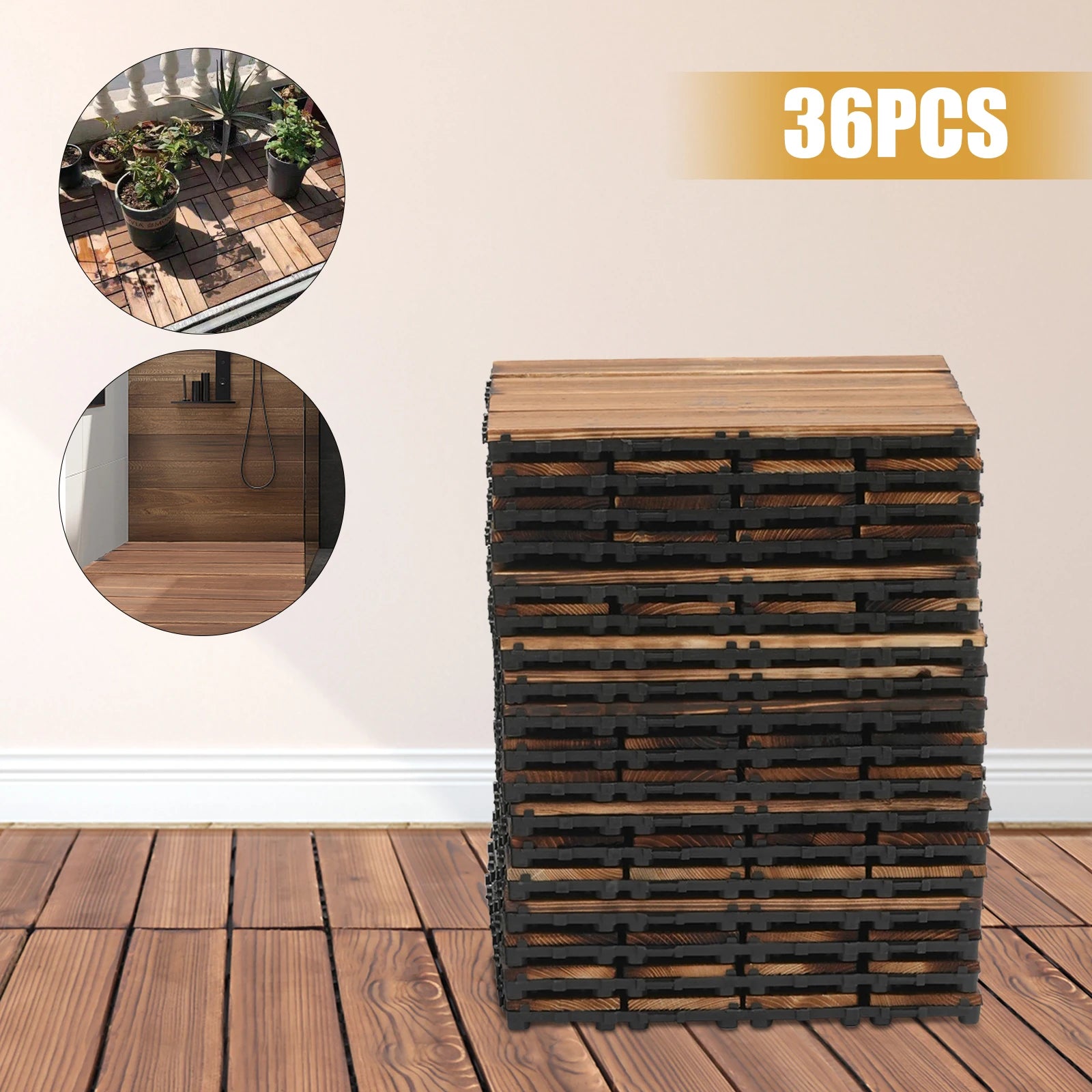 36 Pack Hardwood Patio Wood  12" × 12" Interlocking Patio Tiles