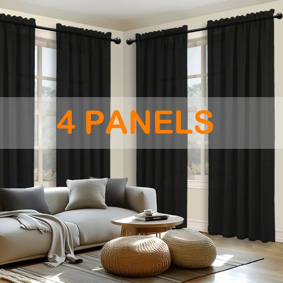 4pcs Light Filtering Curtains - Fade-Resistant, Rod Pocket