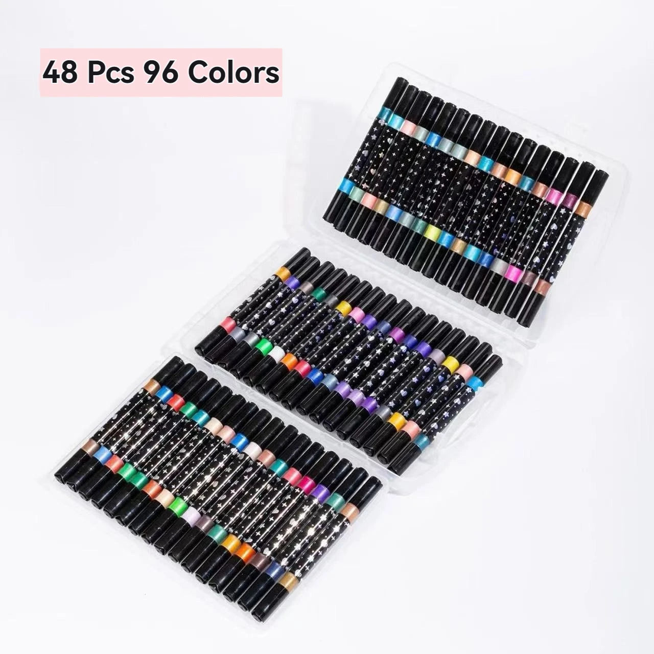 Set of 48 dual brush glitter markers in a case showing 96 vibrant colors for creative projects.