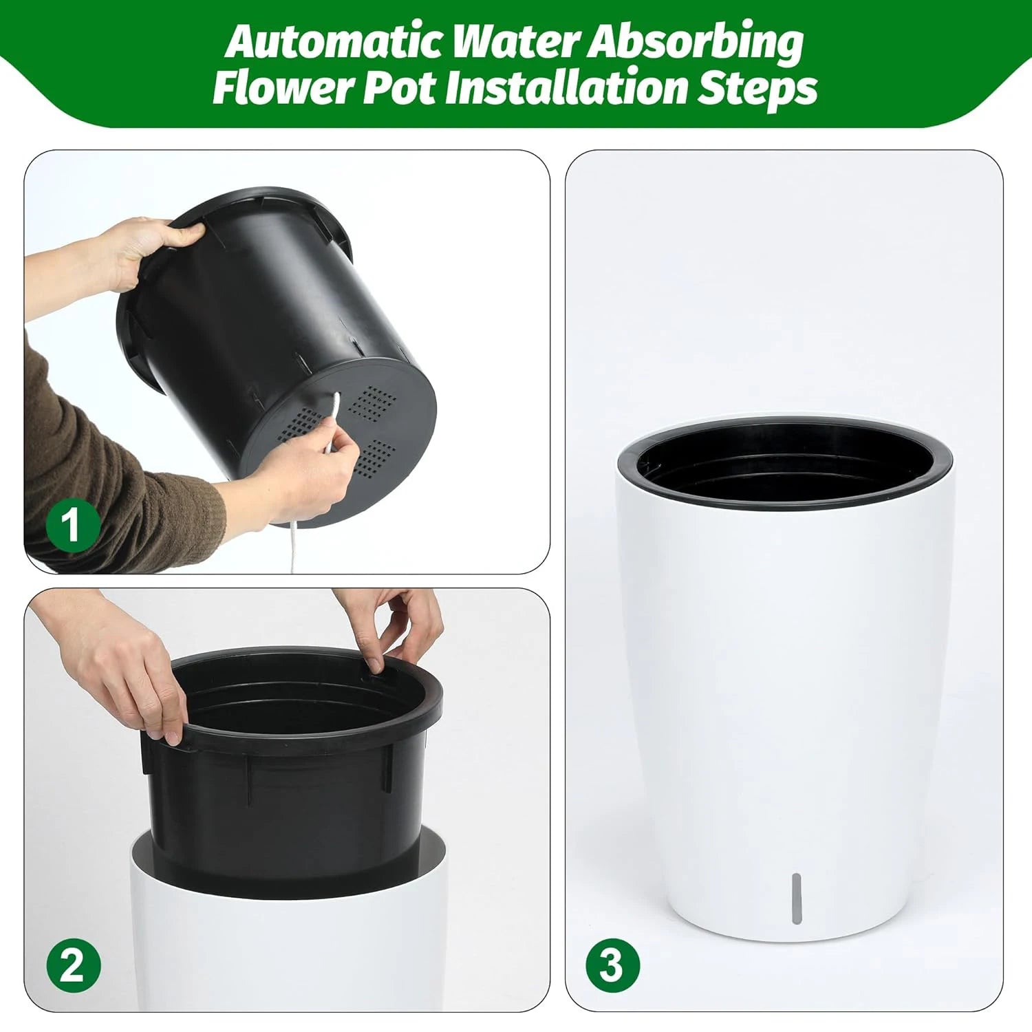 2 Black Self-Watering Planters – 21.7”