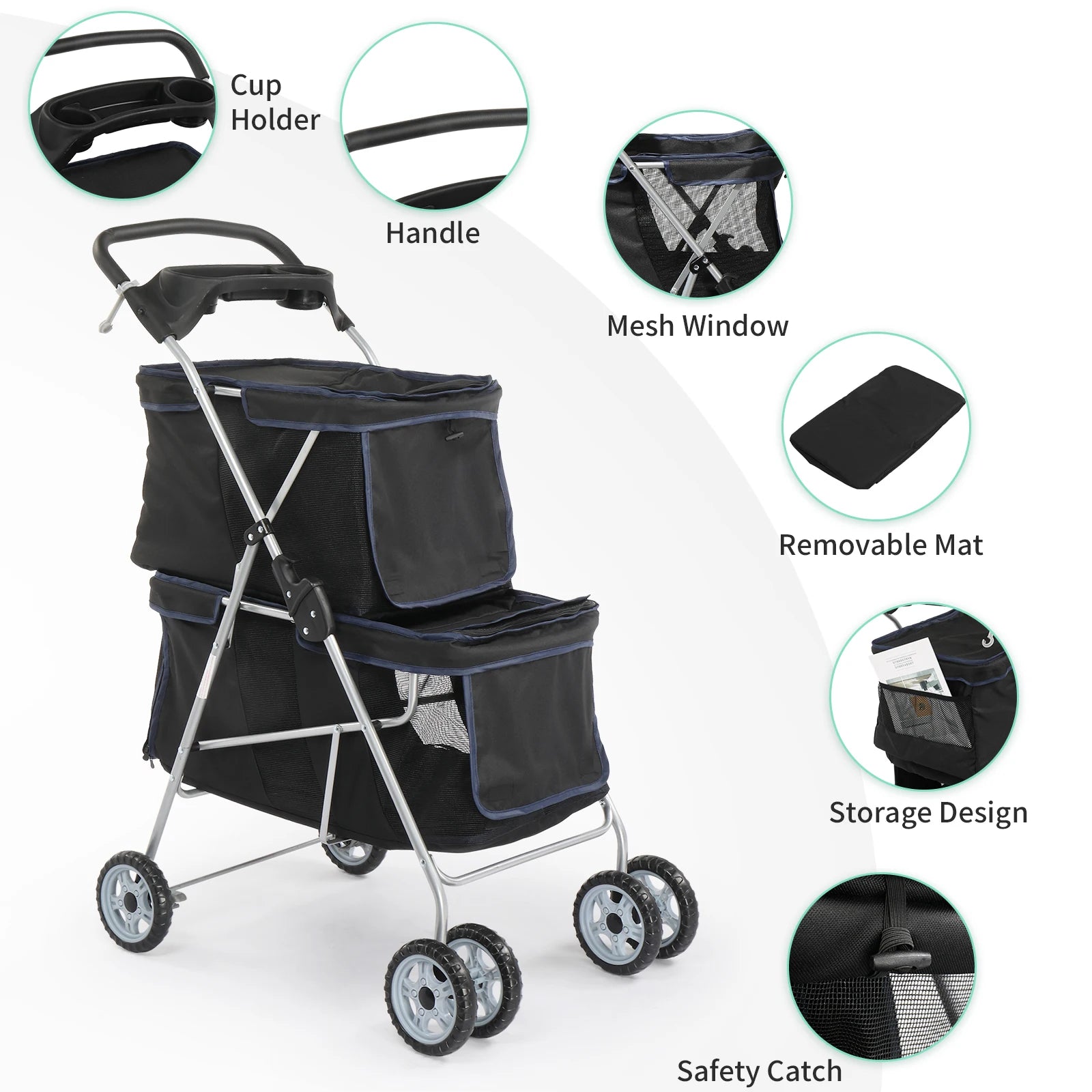 Pet Stroller for 2, Double 4-Wheel