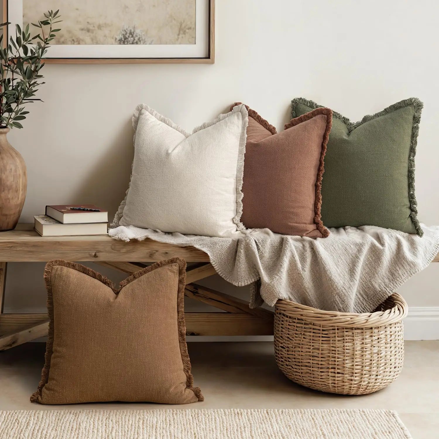4 Neutral Linen Fringe Throw Pillows