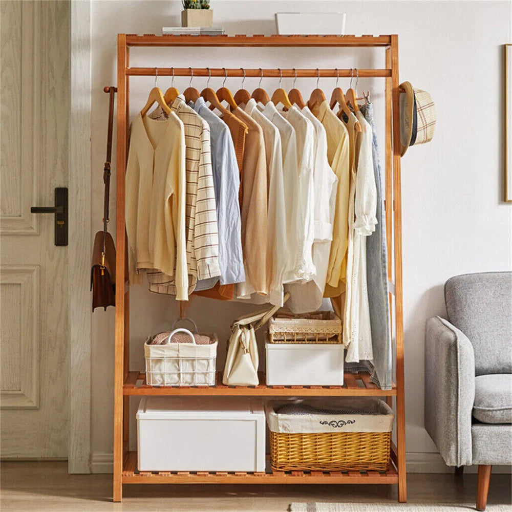 Bamboo Clothes Rail Rack with Top Shelf