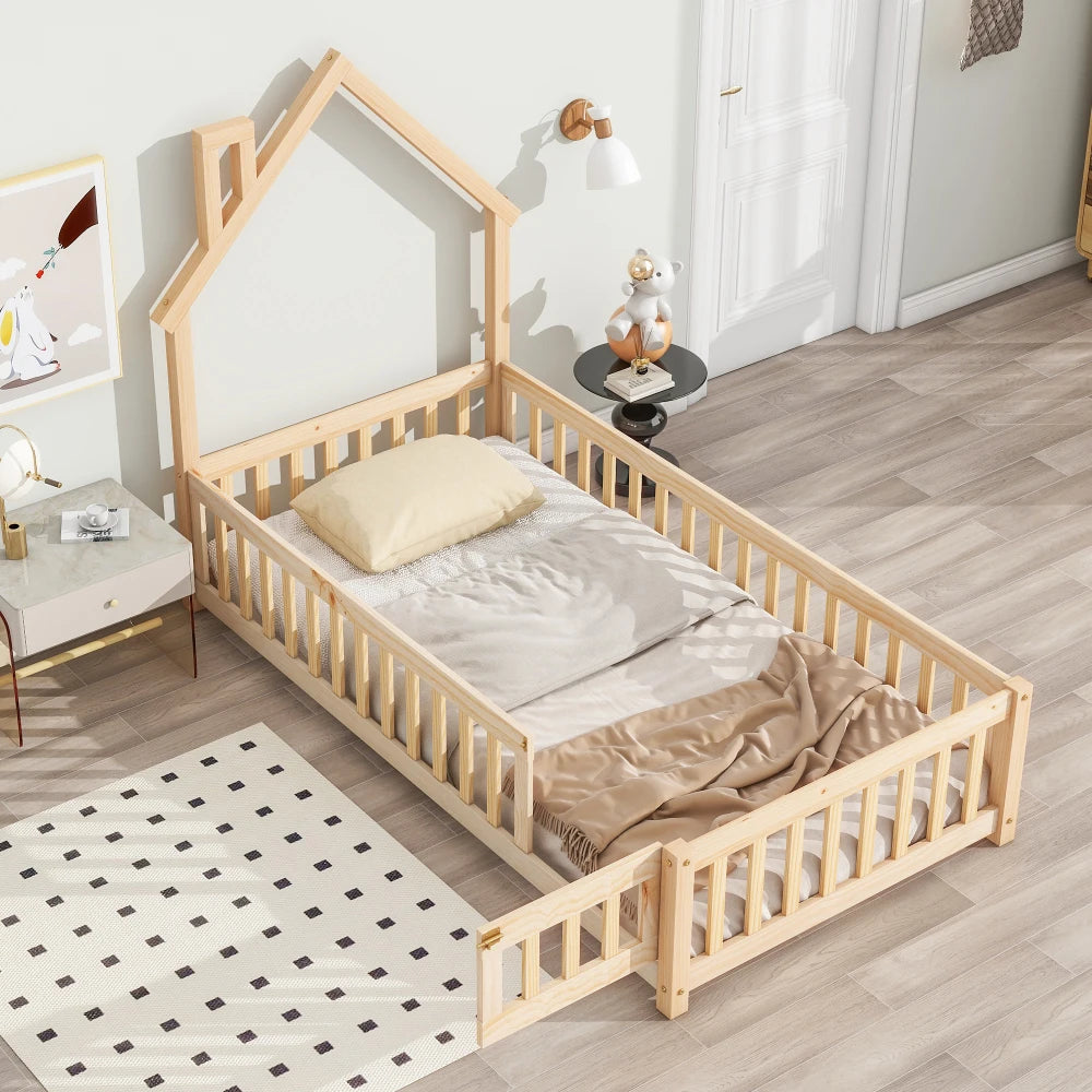 Twin House-Shaped Headboard Floor Bed