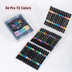 Set of dual brush glitter markers in a clear case featuring 36 markers in 72 vibrant colors for creative projects.