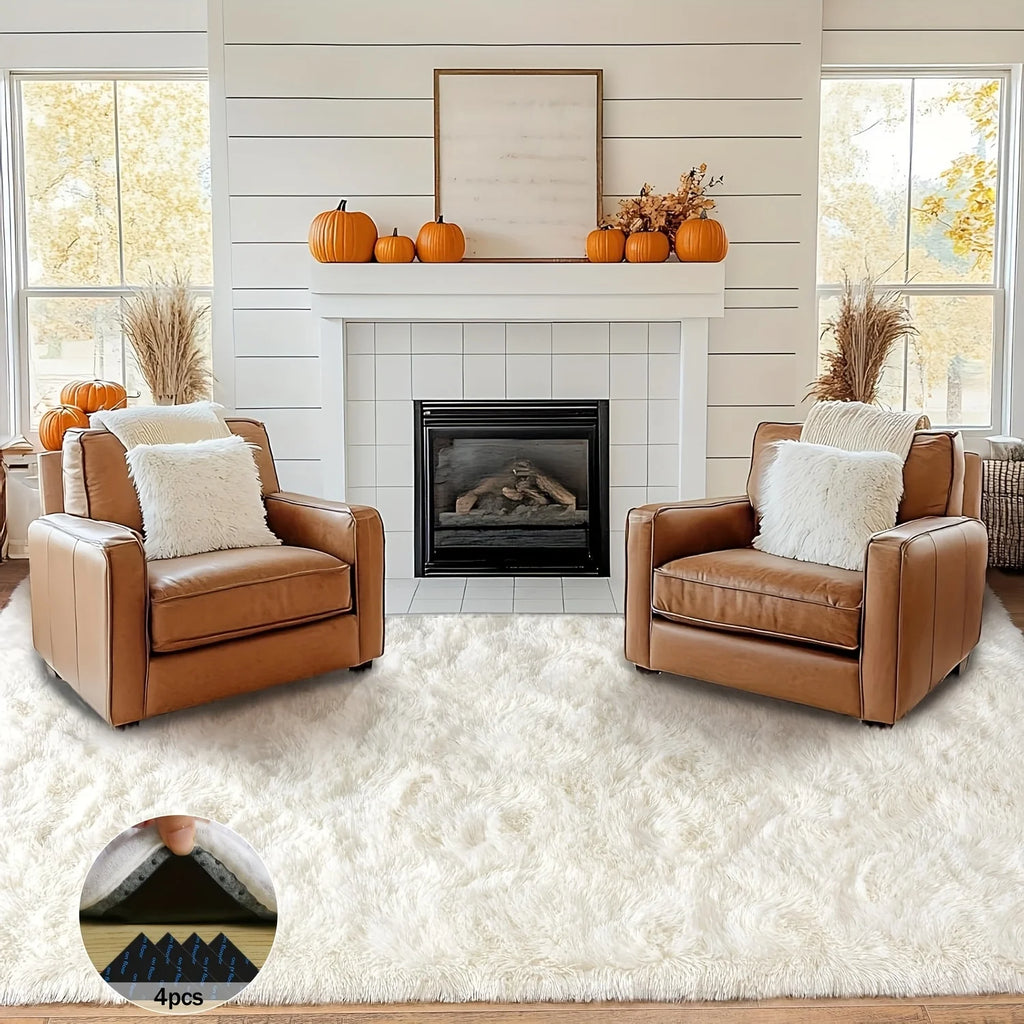 Off-White Shaggy Non-Slip Carpet , 4 Rug Stickers