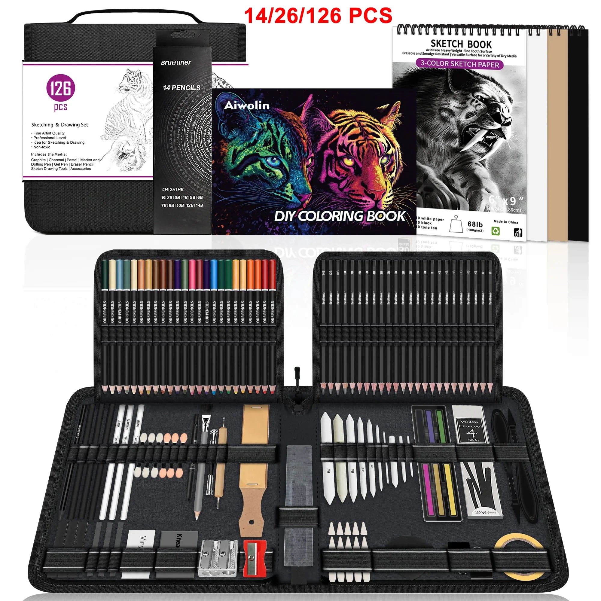 14/26/64/126 PCS Sketching Set, 3-Color Sketchbook, Blending Tools