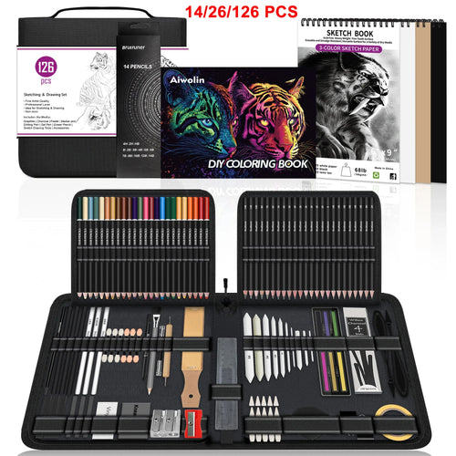 14/26/64/126 PCS Sketching Set, 3-Color Sketchbook, Blending Tools