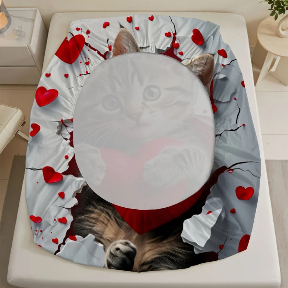 Tabby Cat with Red Heart, Fitted Sheet
